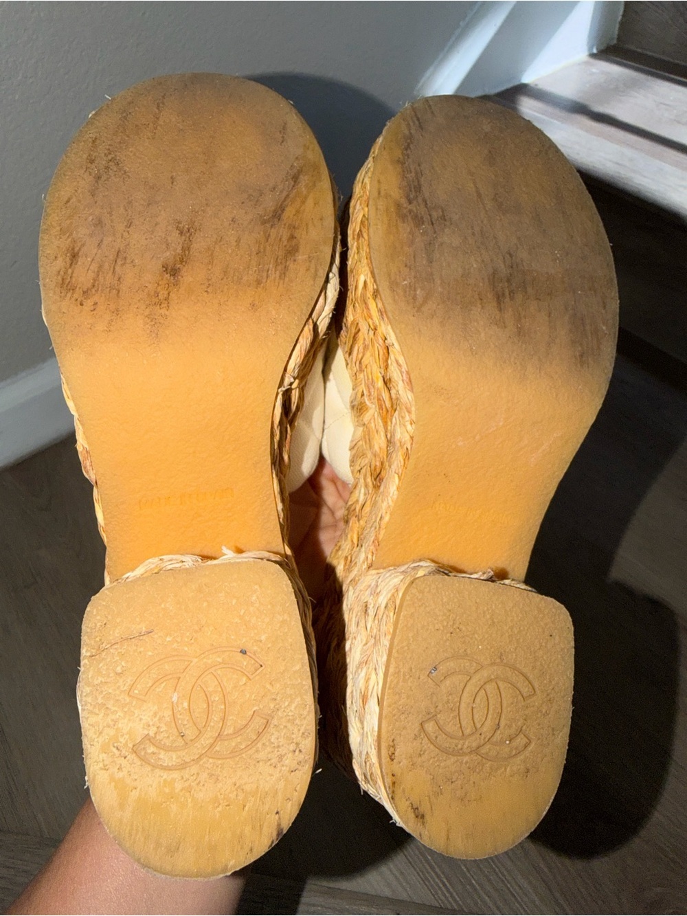 CHANEL Cream Quilted Espadrille Wedge Slide with Gold CC - Picture 12 of 16